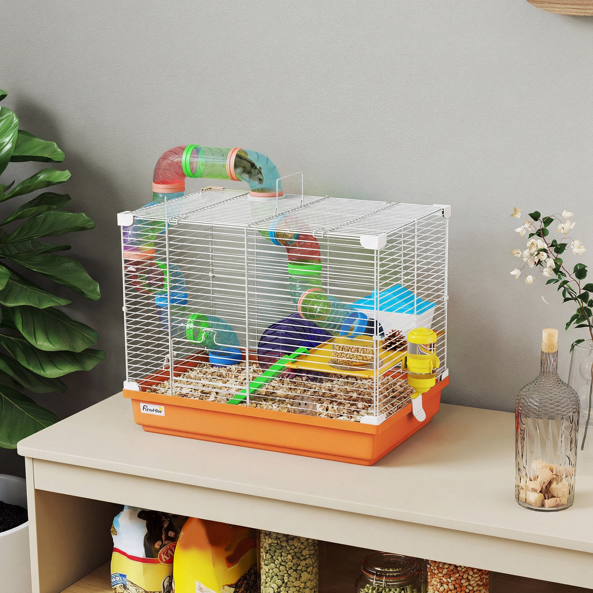 Cage à Hamster Rongeur 2 Niveaux avec Tunnel, Biberon d'Eau, Roue, Maisonnette, Échelles, 46 x 30 x 37 cm, Orange-9
