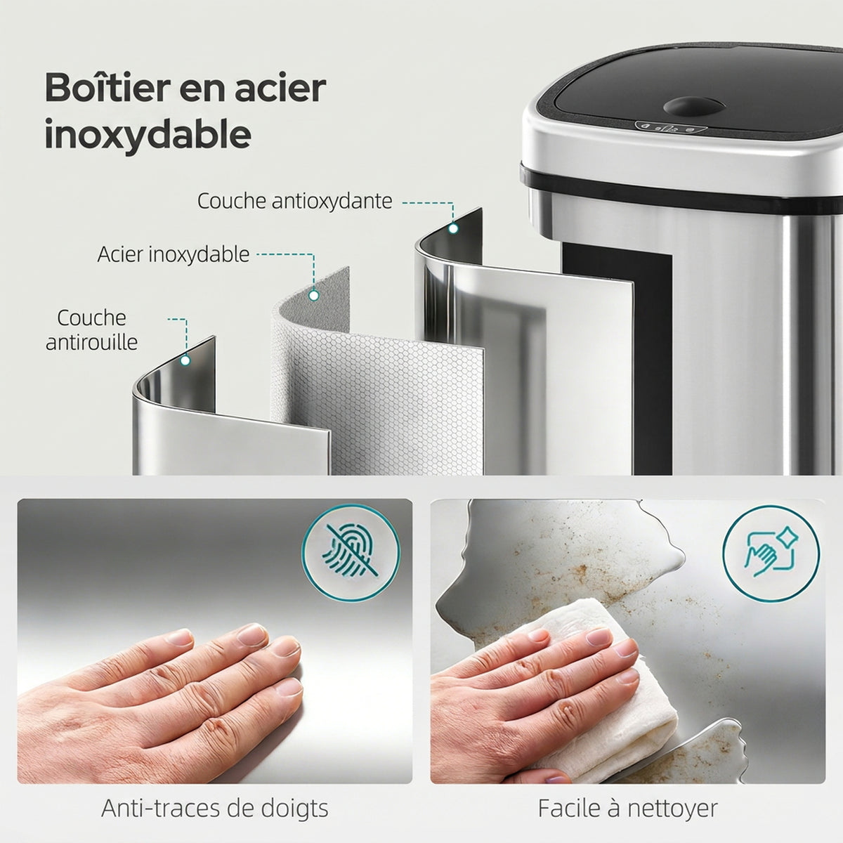 Poubelle de Cuisine Automatique 58L en Acier Inoxydable, Mouvement Sans Contact ou Ouverture Manuelle, Argent-4