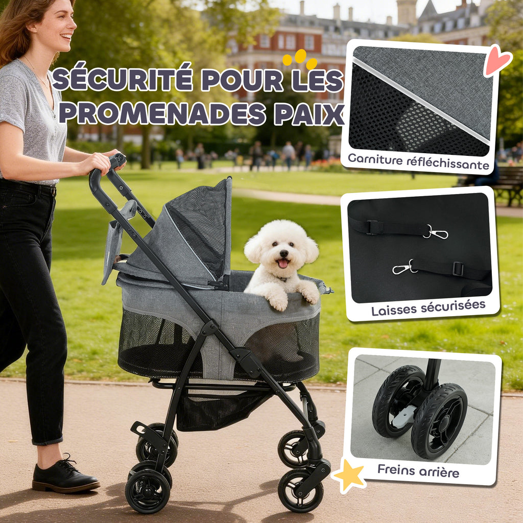 Poussette pour Chien Pousse-Chien 3 en 1 Détachable Pliable Nacelle Amovible et Sans Fermeture Éclair Suspension Gris-5
