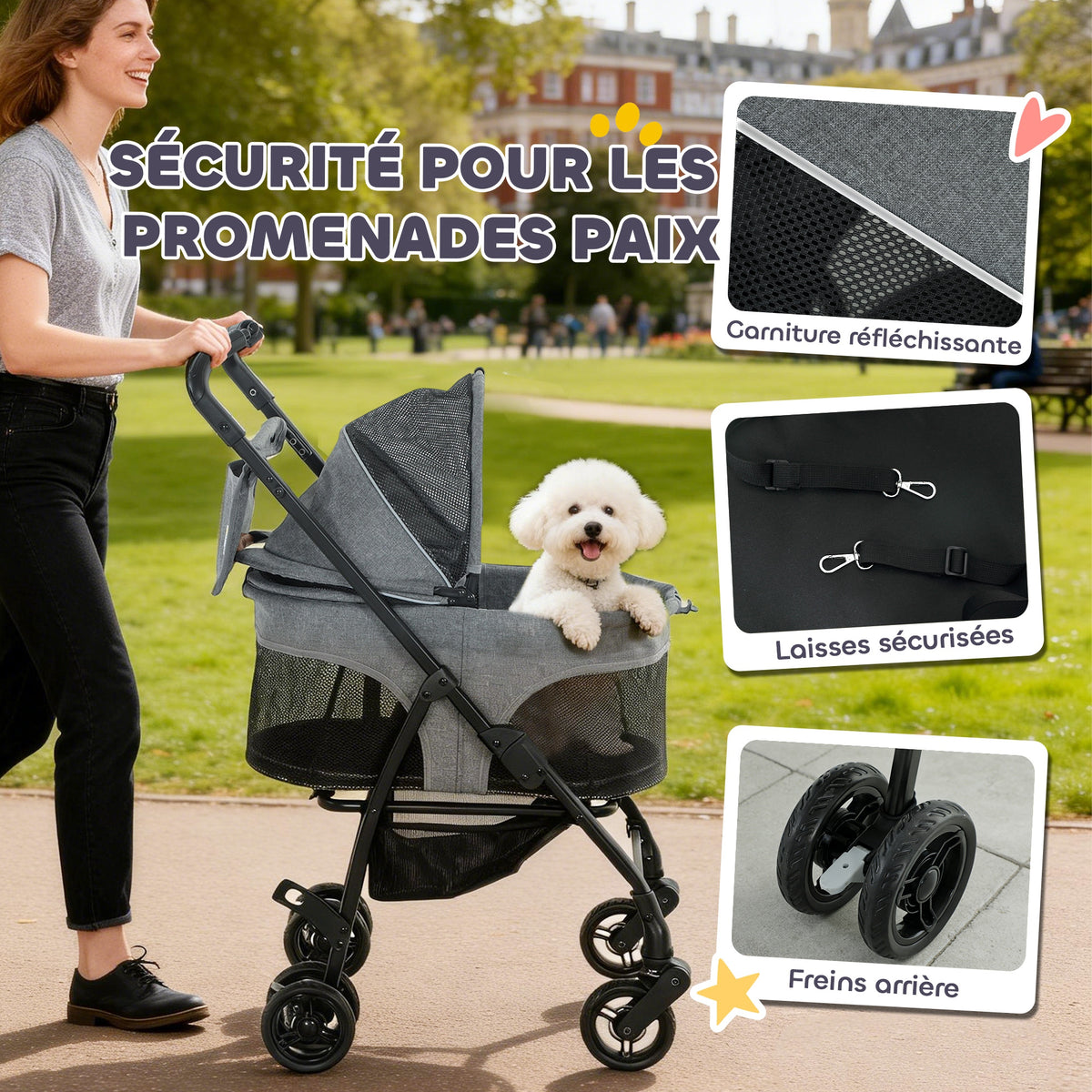 Poussette pour Chien Pousse-Chien 3 en 1 Détachable Pliable Nacelle Amovible et Sans Fermeture Éclair Suspension Gris-5