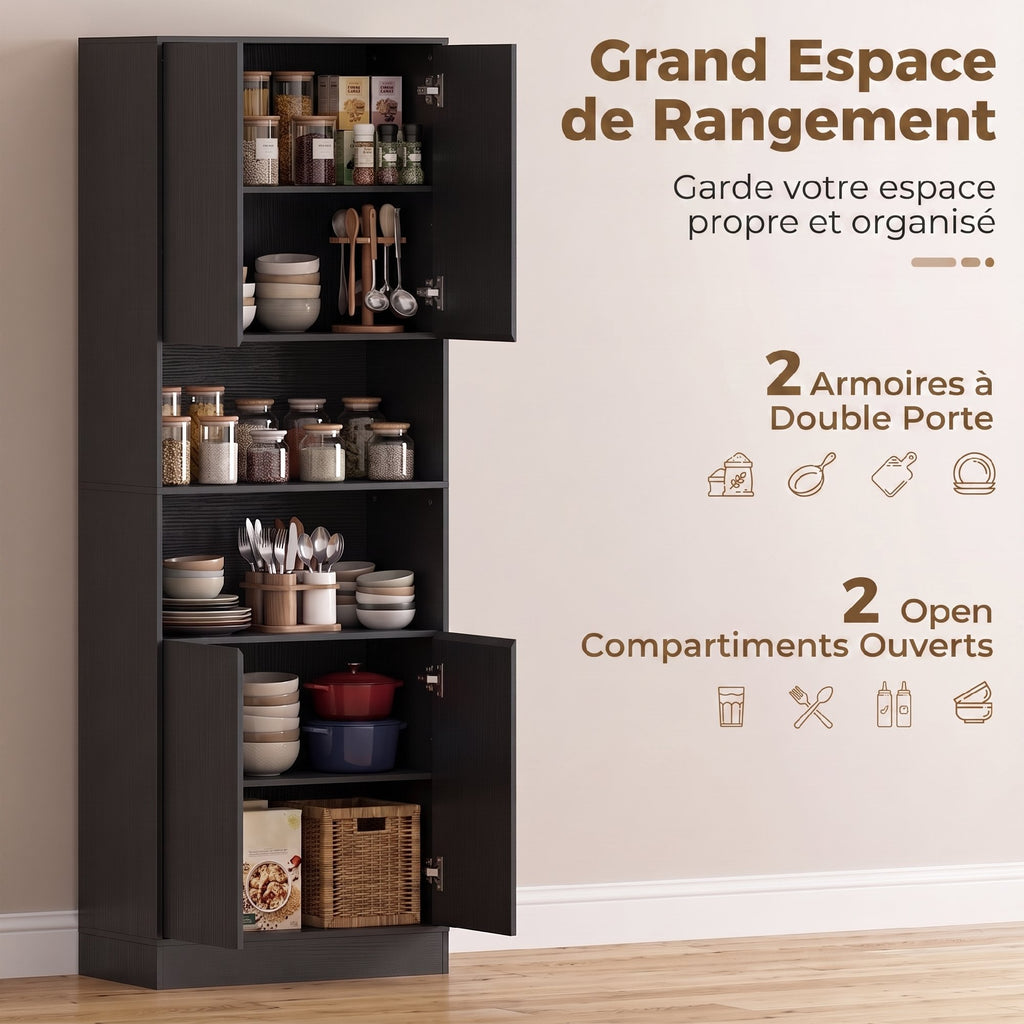 Buffet Haut Cuisine, Armoire de Cuisine, 4 Portes à Fermeture Douce, 2 Compartiments Ouverts et Étagères Réglables, Noir-3