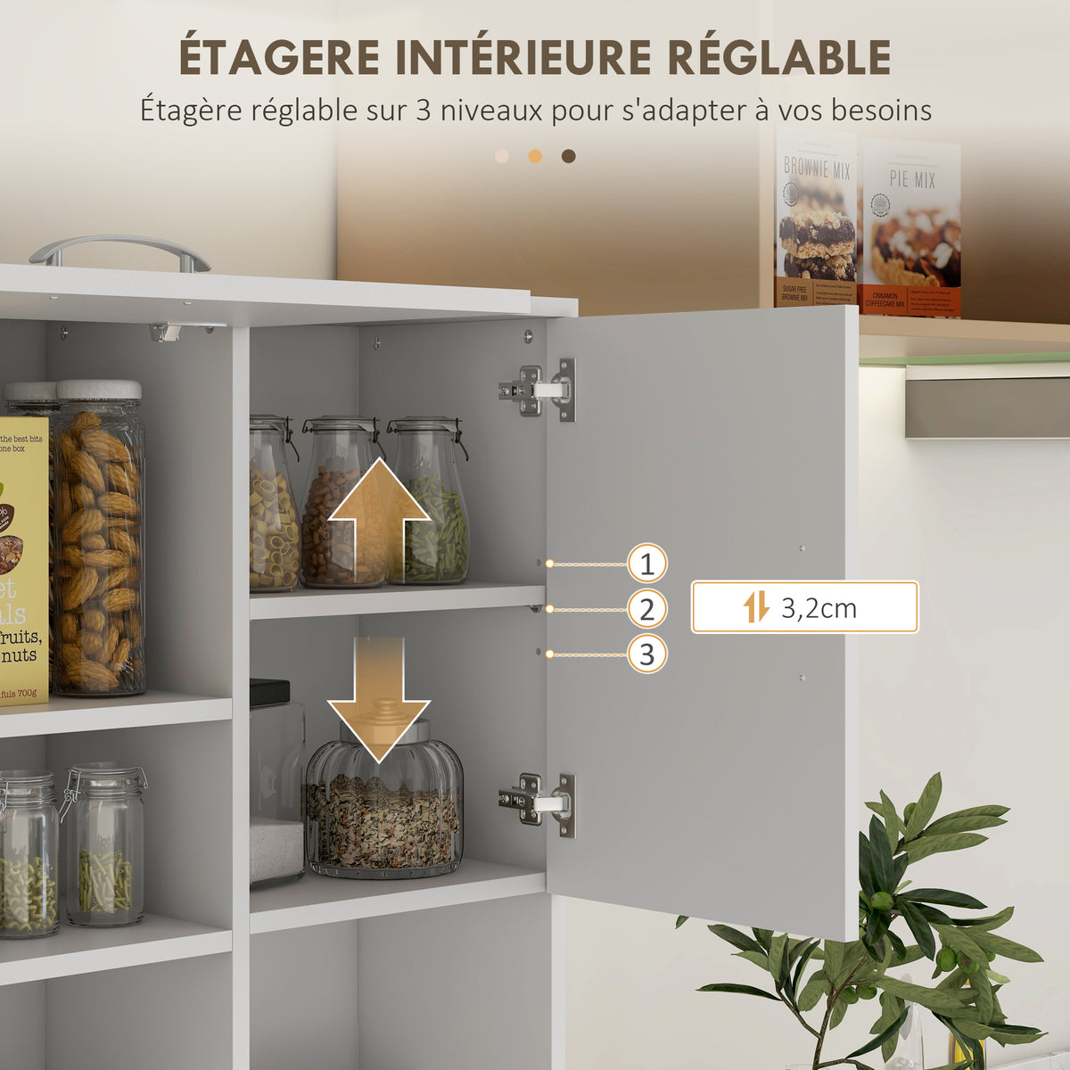 Armoire de cuisine multi-rangements 4 portes 3 tiroirs étagère + grand plateau 89L x 39,5l x 168H cm blanc-4