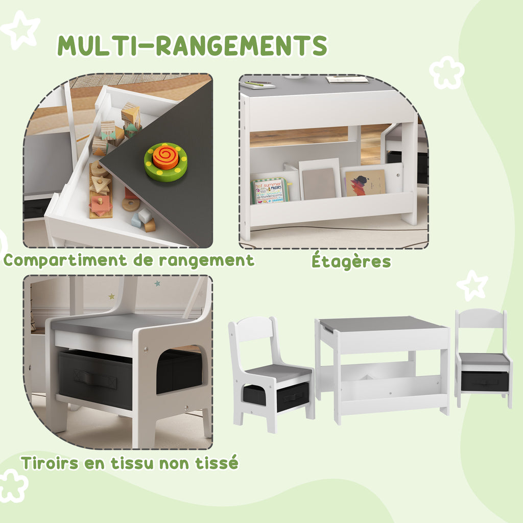 Ensemble 3 pièces table et 2 chaises pour enfant avec plateau réversible tableau noir, panier de rangement, étagères-5
