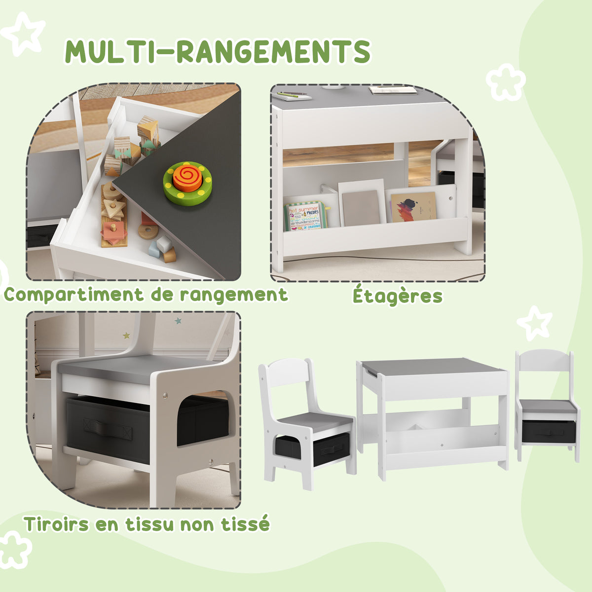 Ensemble 3 pièces table et 2 chaises pour enfant avec plateau réversible tableau noir, panier de rangement, étagères-5