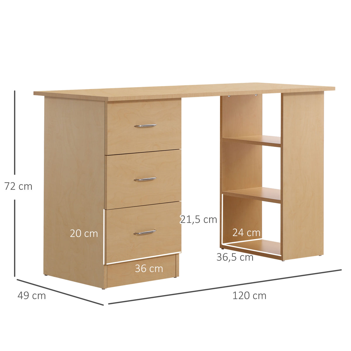 Bureau d'ordinateur avec 3 tiroirs et 3 étagères ouvertes, 120x49x72cm, bureau avec rangement réversible, style moderne, table informatique pour chambre, petit espace, télétravail, bois clair-2