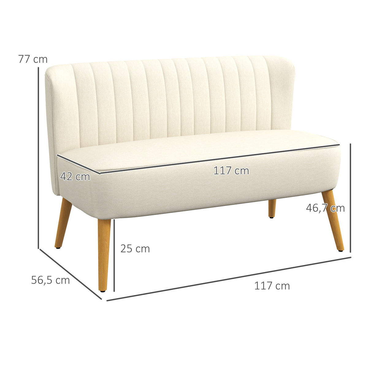 Canapé 2 places, canapé de salon en tissu aspect lin, assise rembourrée et pieds en bois d'hévéa, 117x56,5x77cm, crème-2