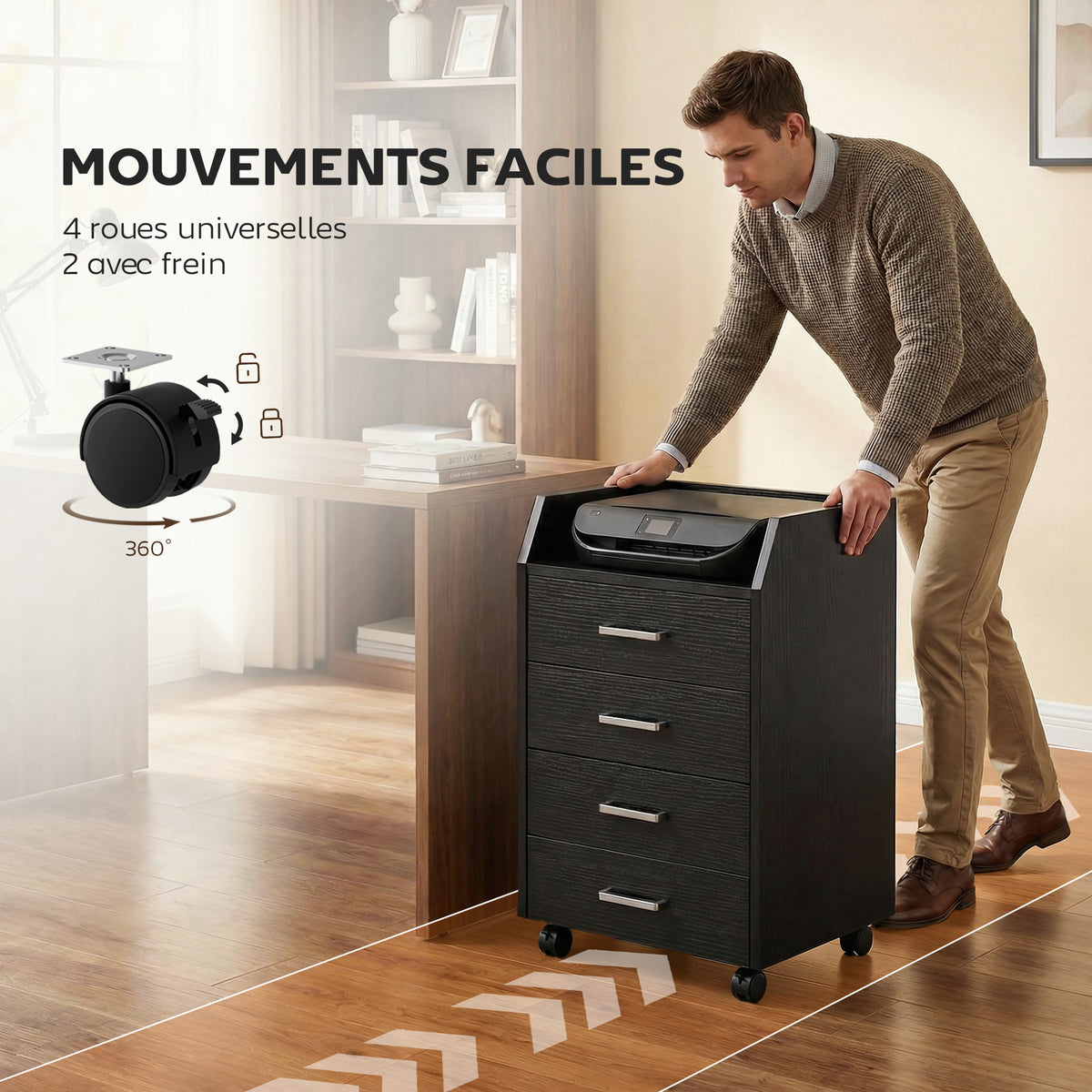 Caisson de bureau rangement sur roulettes 4 tiroirs coulissants en bois  40 x 36 x 65 cm noir-4