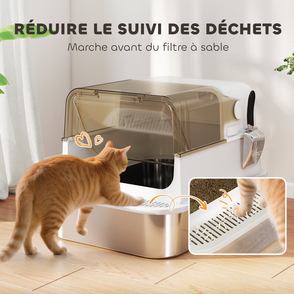 Bac à litière pour chat fermé en acier inoxydable, maison de toilette pour chat avec pelle, 70 x 50 x 46,5 cm, blanc-6