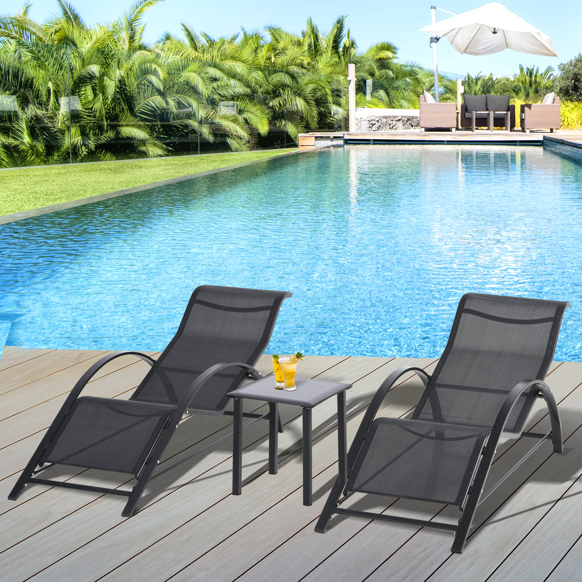 Lot de 2 bains de soleil chaise longue design contemporain table basse plateau verre trempé métal époxy textilène noir-1