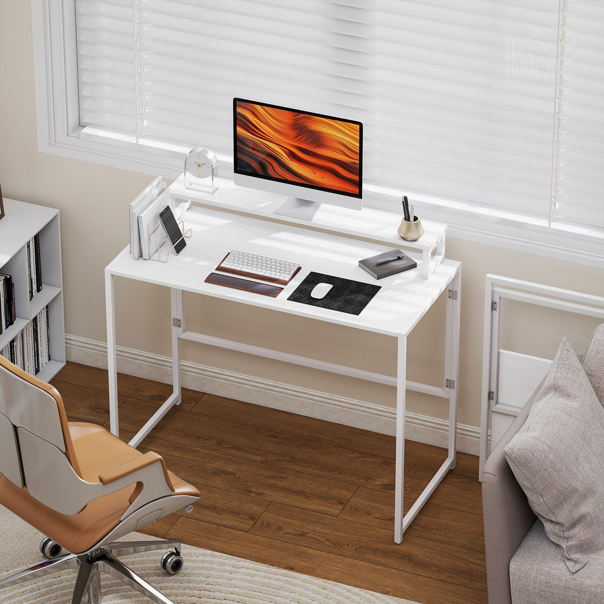 Bureau d'ordinateur pliable avec support d'écran, pour chambre, petits espaces, 100 x 48 x 87,5 cm, blanc-8