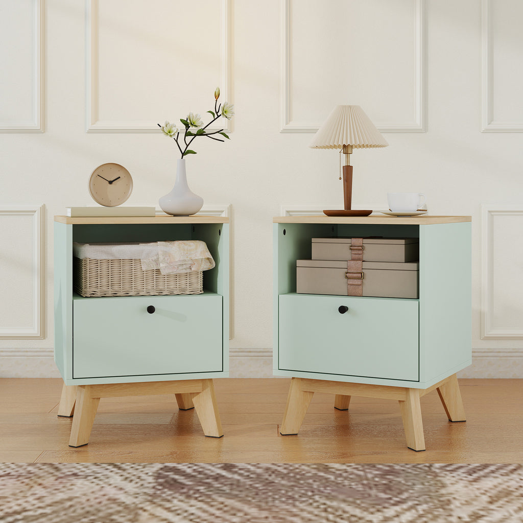 Lot de 2 tables de chevet, tables de nuit avec tiroir et compartiment ouvert, 40 x 40 x 55 cm, chêne et vert clair-9
