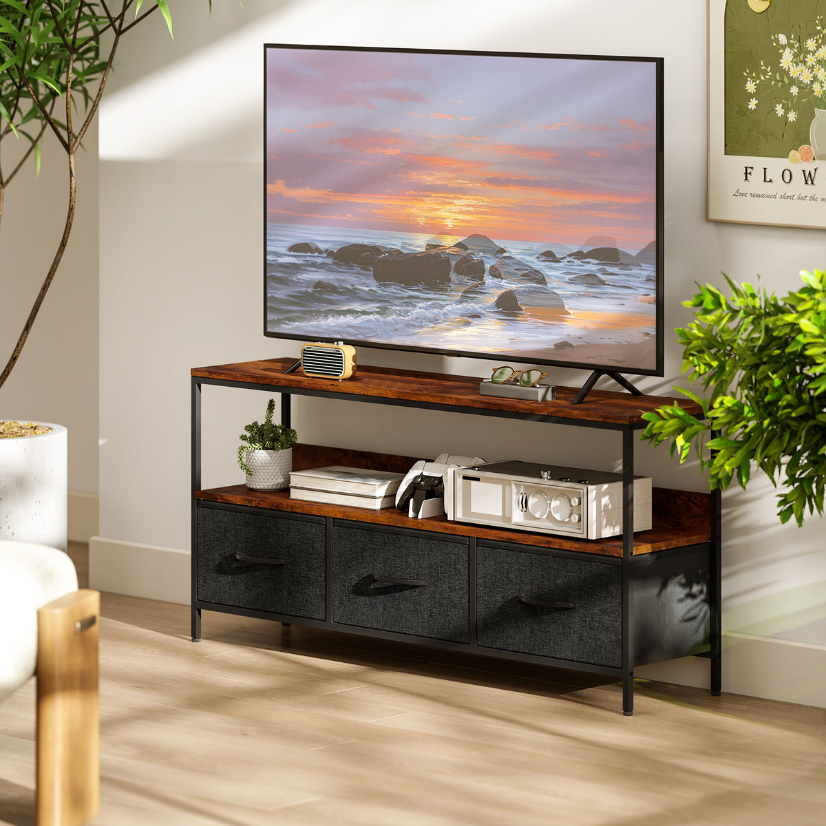 Meuble TV, meuble télé pour téléviseur jusqu'à 55 pouces avec 3 tiroirs et pieds en acier 120 x 29 x 56 cm brun rustique-6