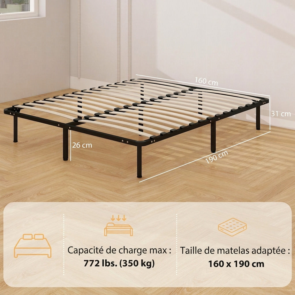 Cadre de lit 160 x 190 cm, lit 2 personnes en bois massif avec sommier à lattes et pied, rangement au-dessous, noir-2