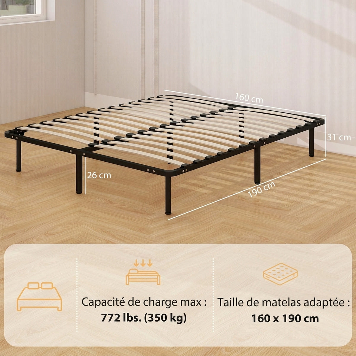 Cadre de lit 160 x 190 cm, lit 2 personnes en bois massif avec sommier à lattes et pied, rangement au-dessous, noir-2