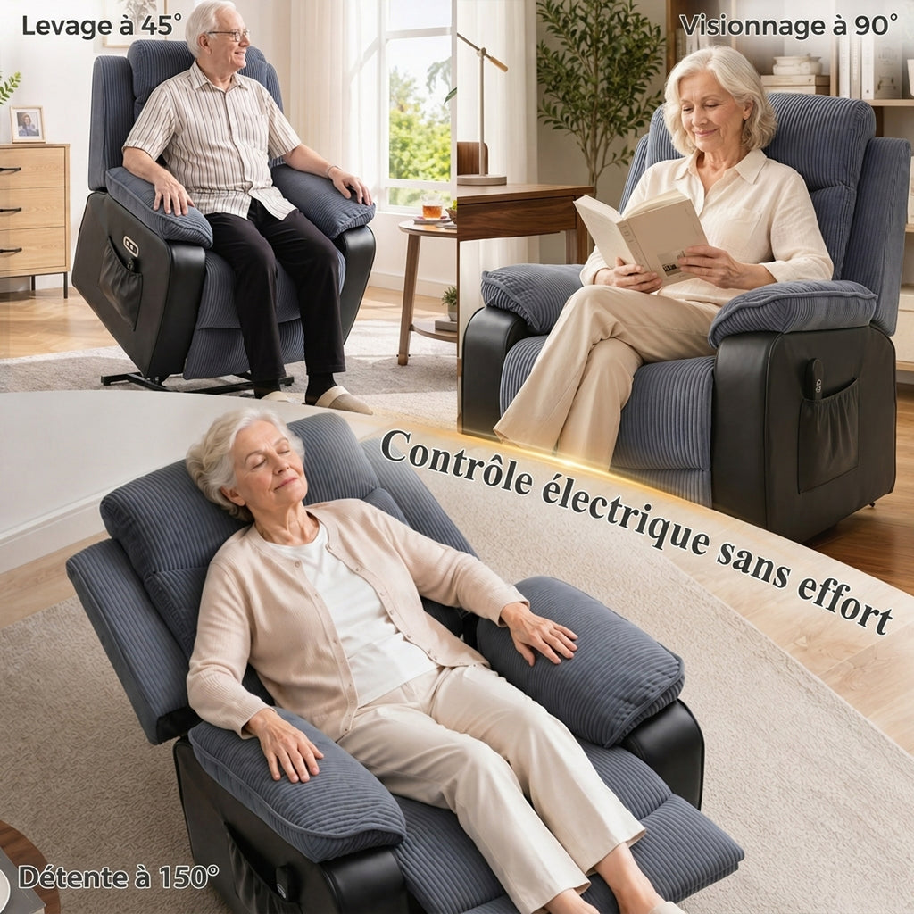 Fauteuil releveur électrique, fauteuil relax électrique velours côtelé, dossier inclinable, ports USB, 96x96x108cm, gris-3