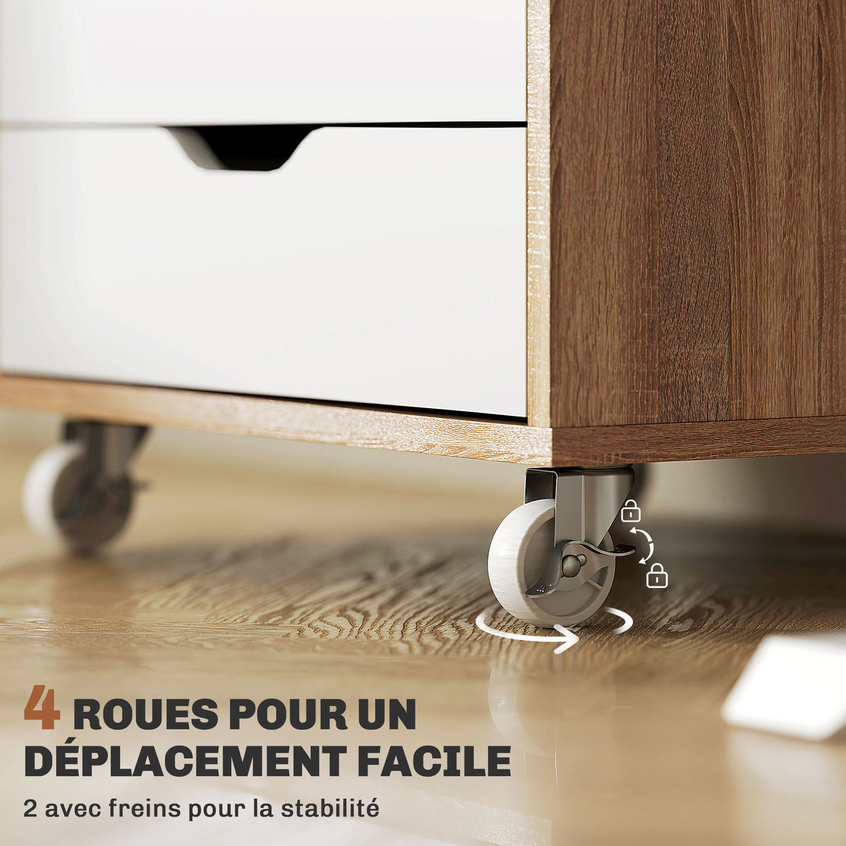 Caisson bureau mobile, meuble rangement bureau sur roulettes, 5 tiroirs, 47,5 x 39,5 x 67,5 cm, blanc et chêne-5