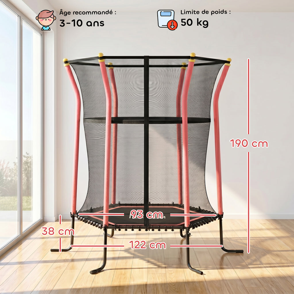 Trampoline pour enfant 1,22 x 1,11 x 1,9 m filet de sécurité porte zippée 6 poteaux rembourrés inclus rouge noir-2