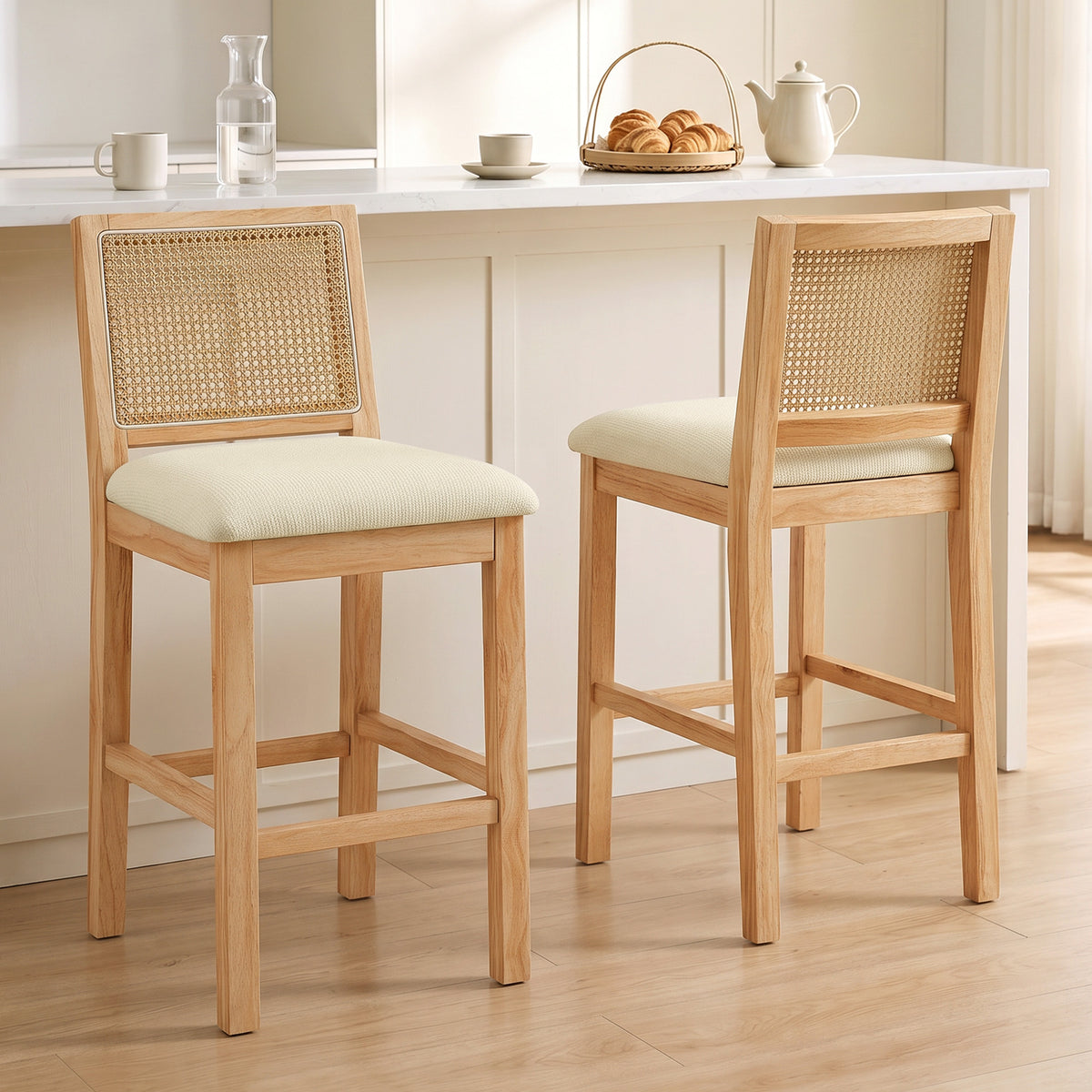 Lot de 2 Tabourets de Bar, Chaises de Bar avec Dossier Effet Rotin, Assise Rembourrée en Chenille de 66H cm, Crème-1