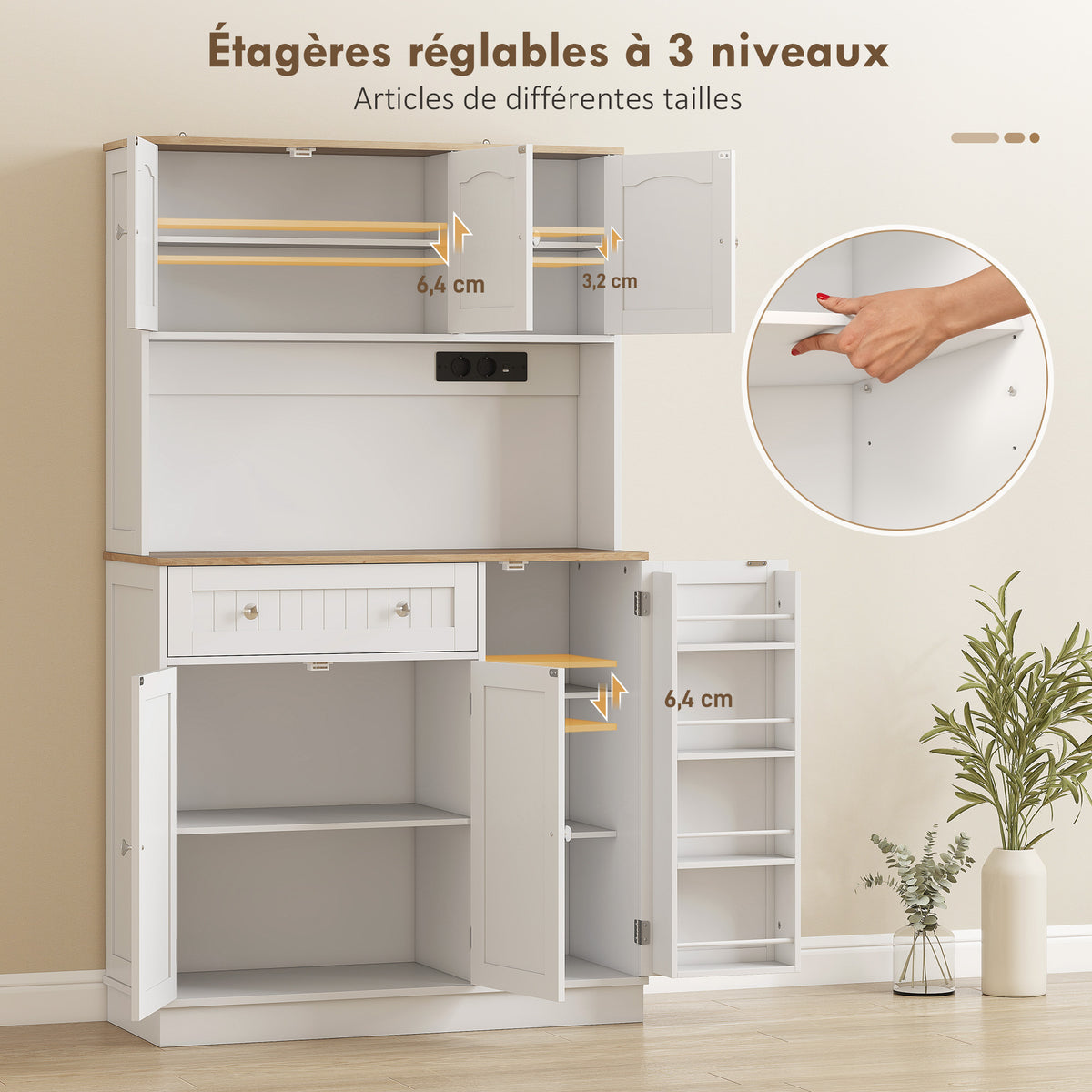 Buffet haut cuisine, armoire de cuisine, station de charge, 6 portes, plan de travail, porte-épices, 100x40x173cm, blanc-4