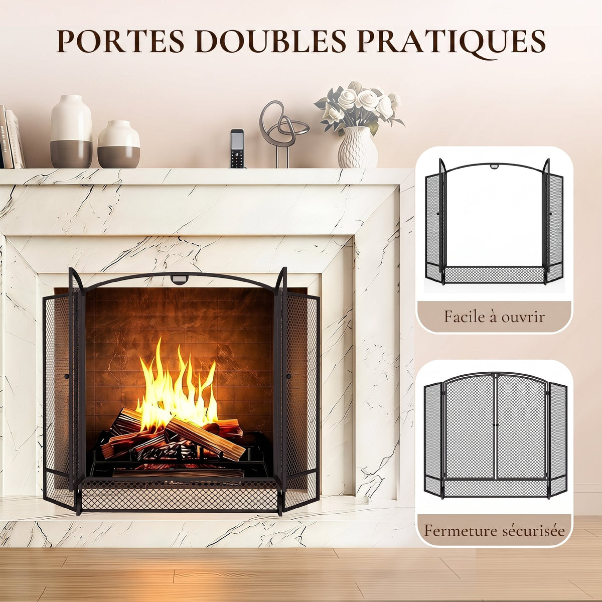 Pare-feu de Cheminée Pliable 3 Panneaux, 2 Portes, Style Moderne, Pare-Étincelles Cheminée en Métal, 122x10x75cm, Noir-4
