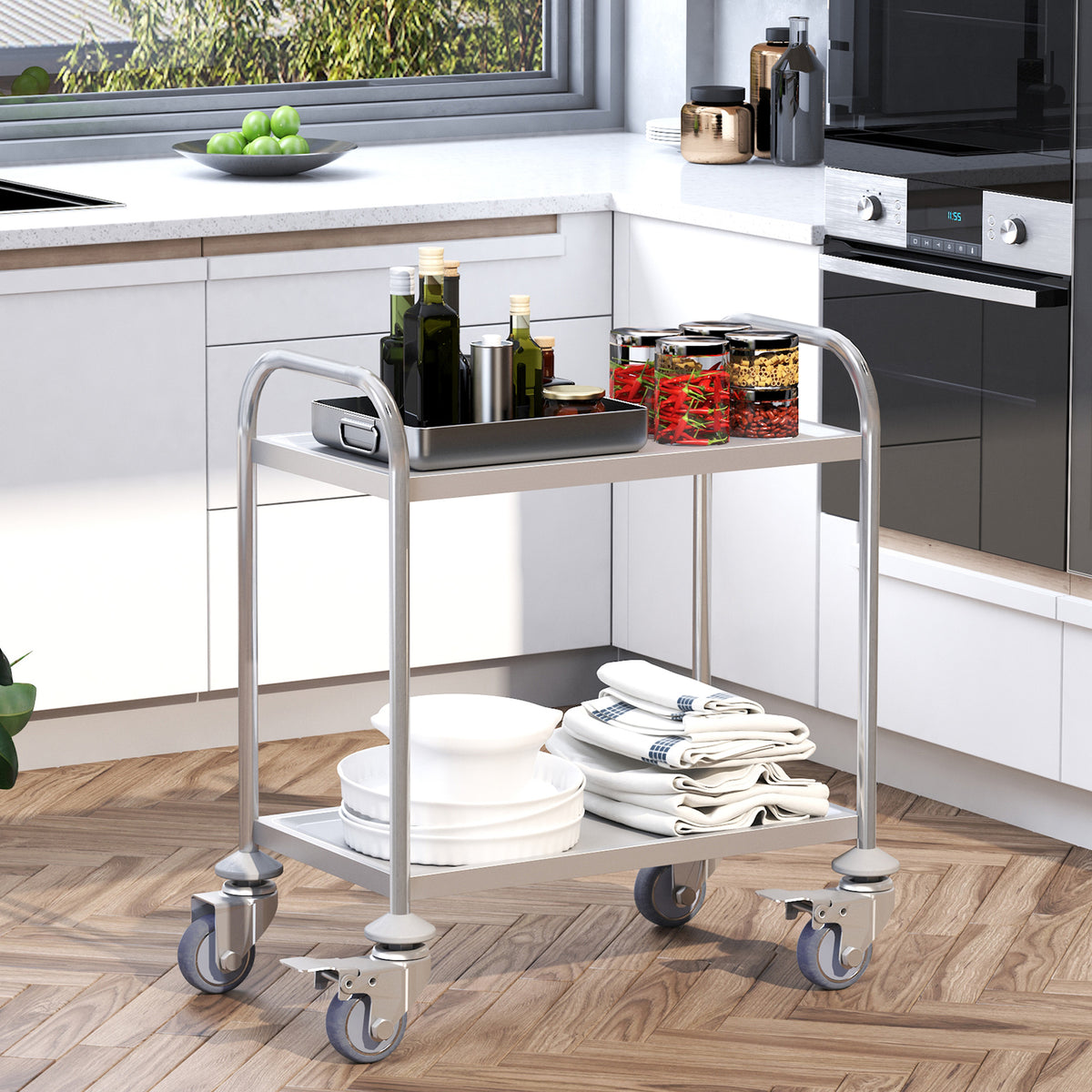 Chariot de service desserte de cuisine à roulettes 2 étagères 80L x 45l x 82H cm acier inox. chromé-1