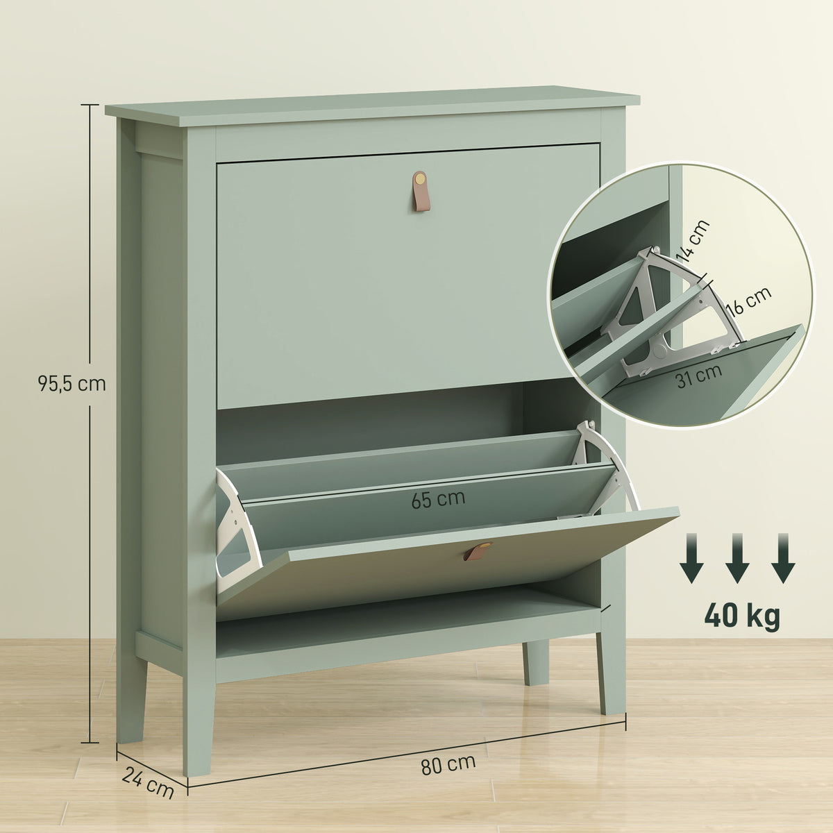 Meuble à chaussures 14 paires, armoire à chaussures avec 2 tiroirs rabattables, étagères amovibles et réglables, vert-2