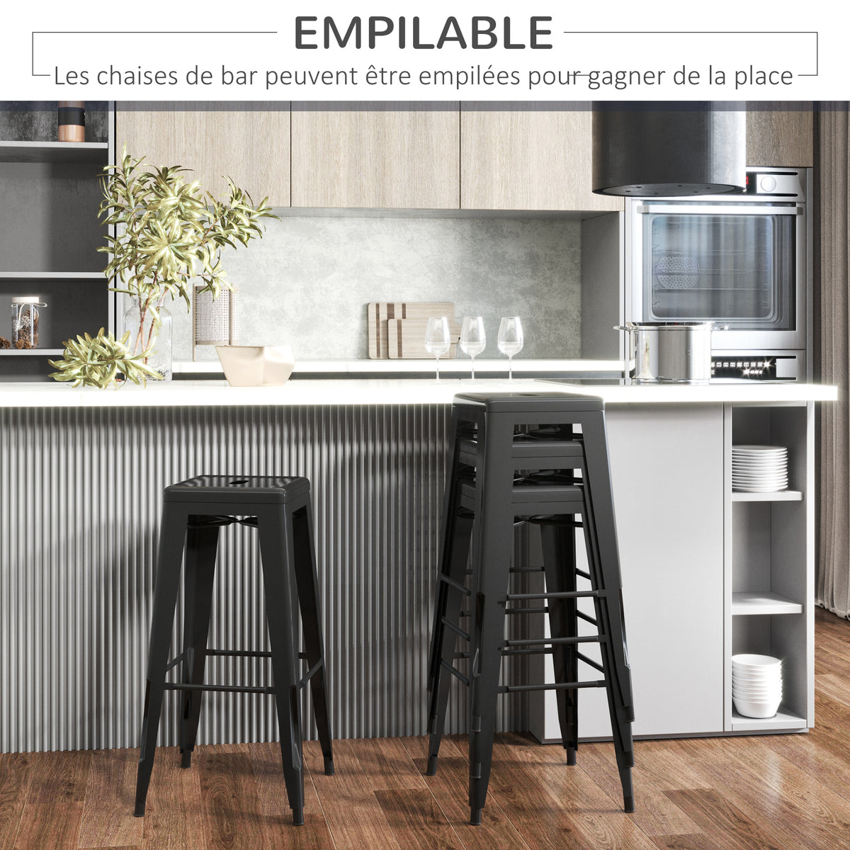 Lot de 4 tabourets de Bar Empilable Chaise de Bar Industriel avec Repose-Pied Hauteur d'Assise 76 cm, cadre en métal, style rétro, pour salle à manger, balcon, bistrot ou bar, Noir-5
