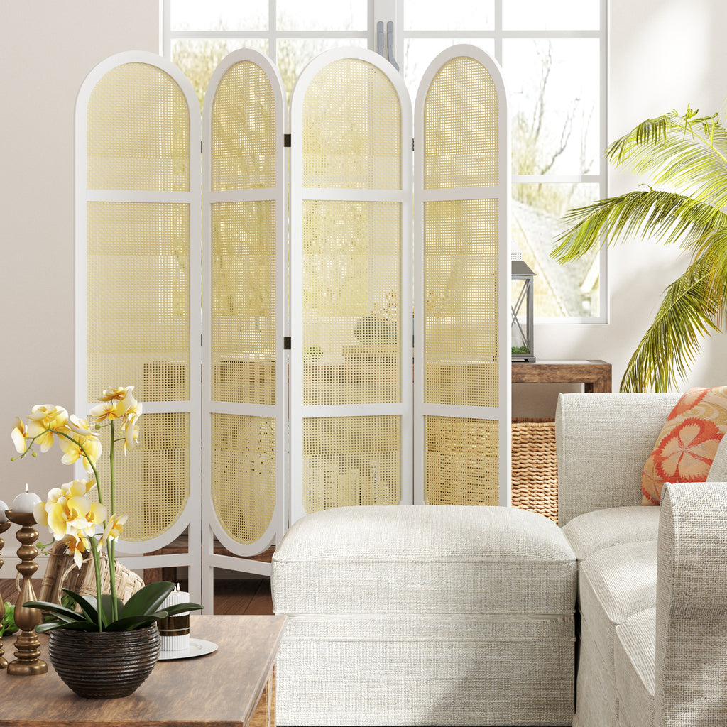 Paravent interieur en bois 4 panneaux 170 x 160 cm pliable et portable, motif tissé à la main, blanc-1