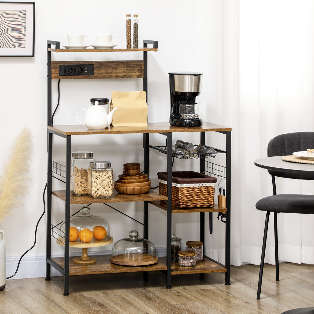 Meuble de cuisine avec prises intégrées pour micro-ondes avec étagères, style industriel, 90x42x130cm, marron-9