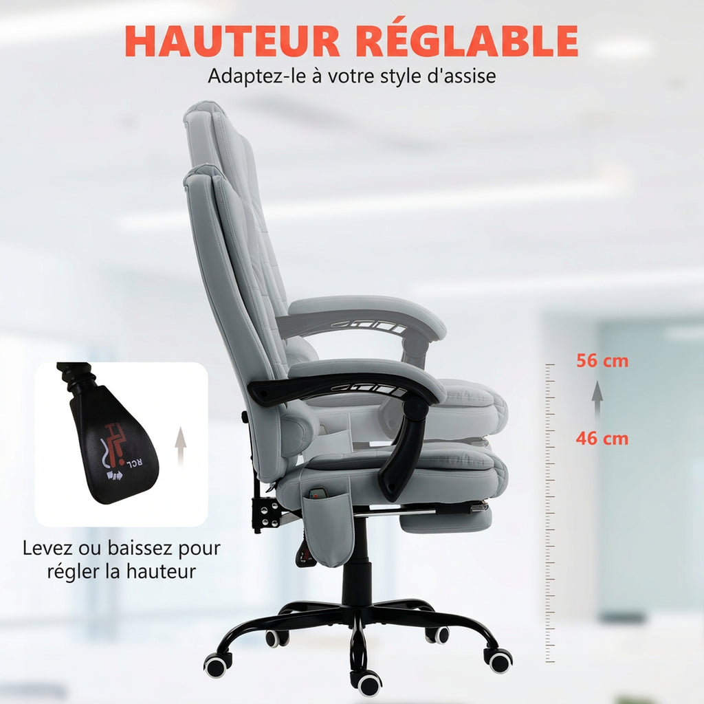 Fauteuil de bureau massant, chaise de bureau avec hauteur réglable, dossier inclinable et télécommande filaire, gris-5