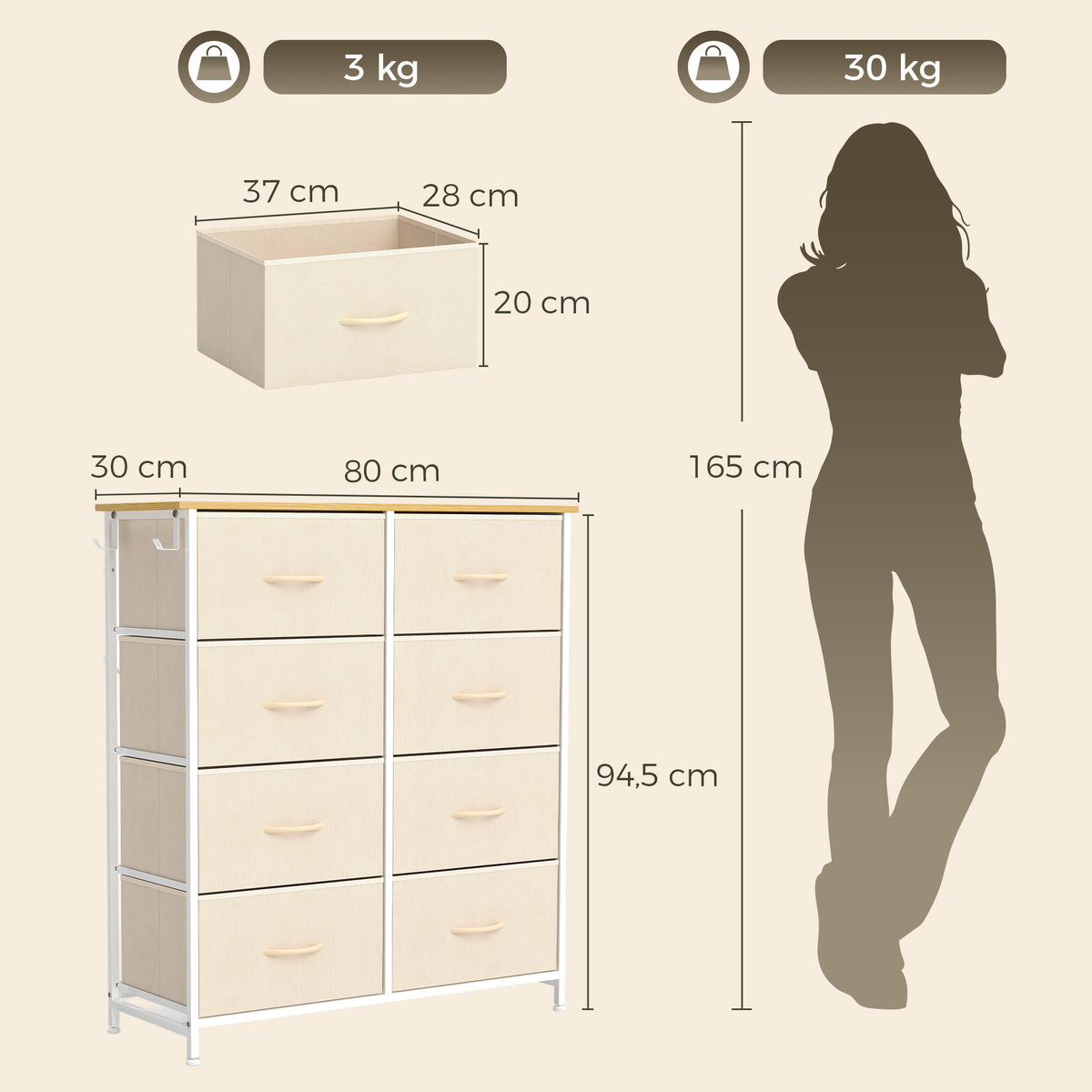 Commode 8 Tiroirs en Tissu, Meuble de Rangement avec 4 Poches, 2 Crochets, Structure en Acier, 80 x 30 x 94,5 cm, Beige-2