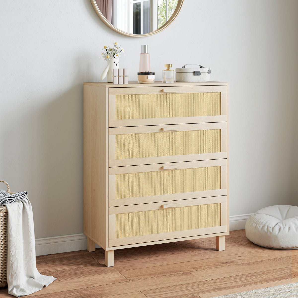 Commode 4 tiroirs cannage en rotin dim. 80L x 40l x 103H cm MDF Aspect Bois Clair-8