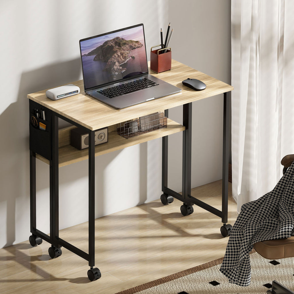 Bureau pliable sur roulettes 80 x 50 cm avec étagère et sac de rangement, chêne-7