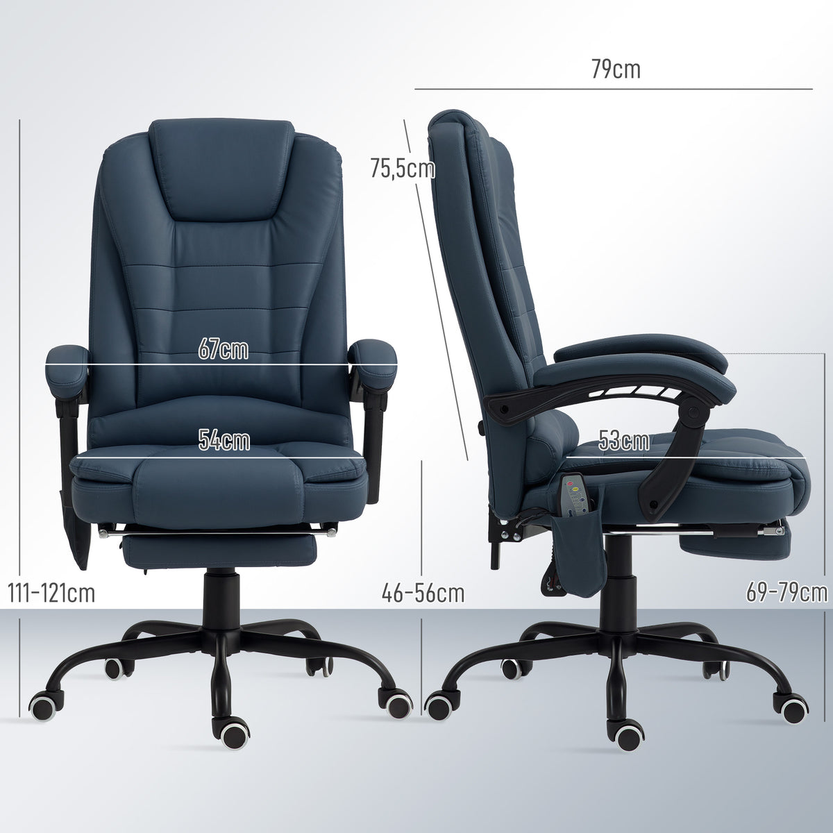Fauteuil de bureau massant, chaise de bureau avec hauteur réglable, dossier inclinable et télécommande filaire, bleu-2