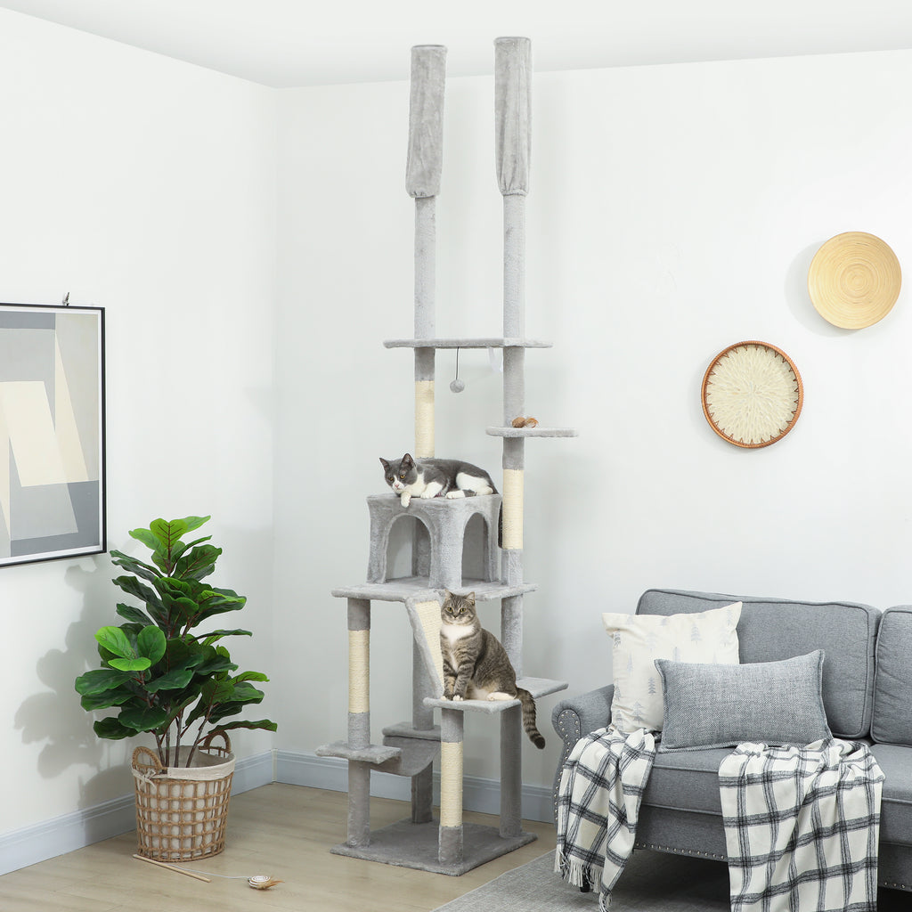 Arbre à chat du sol au plafond griffoir pour chat hauteur réglable 225-255 cm 6 niveaux avec niche hamac gris clair-1