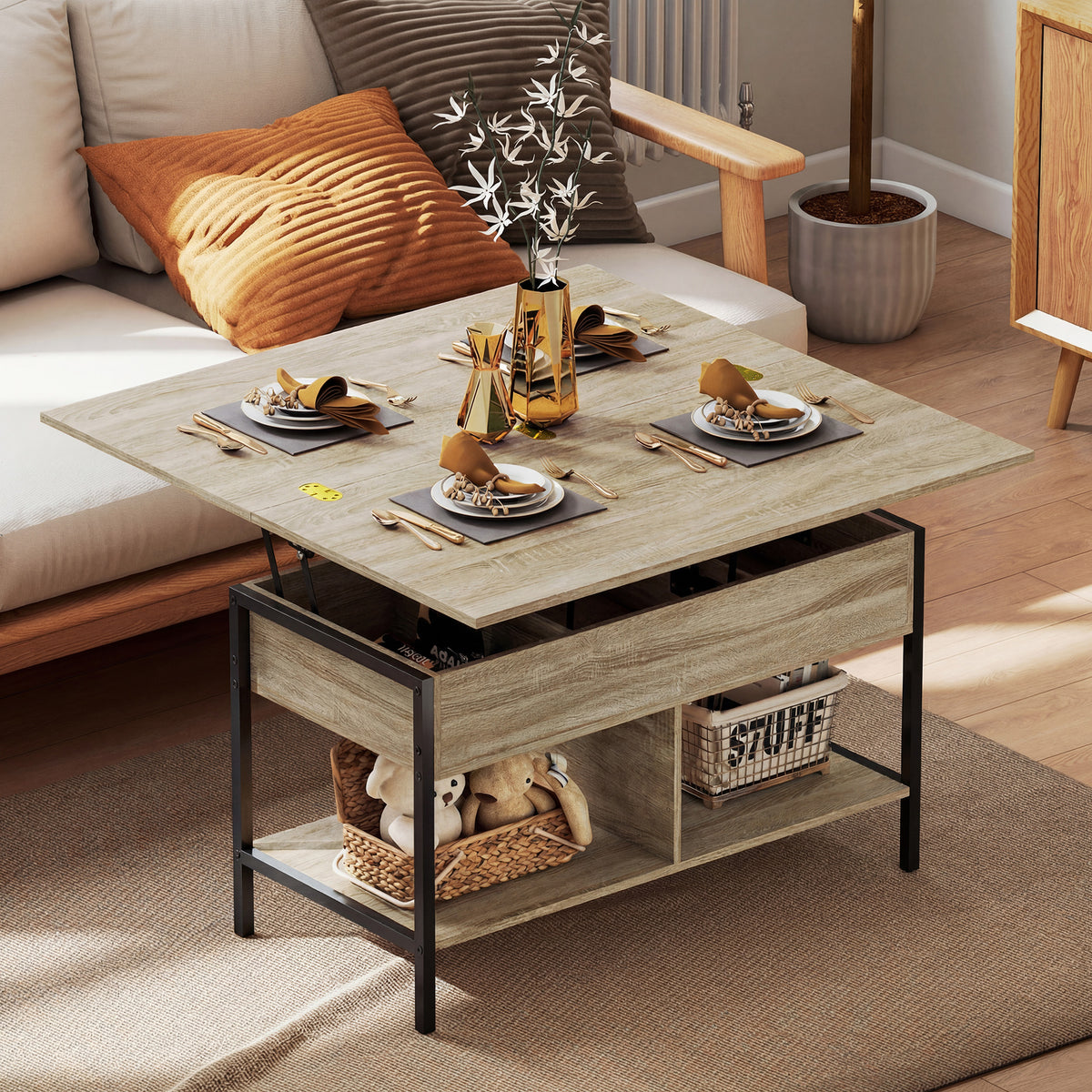 Table basse relevable et extensible, table de salon avec compartiment caché étagères ouvertes, 98x49x55cm, bois naturel-1