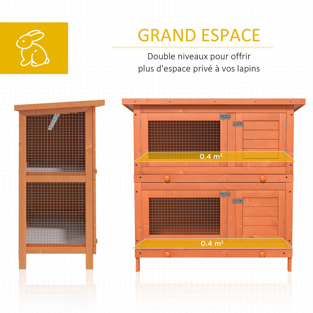 Clapier à lapin cage à lapin double niveau plateaux coulissants 4 portes verrouillables toit ouvrant 90L x 45l x 90H cm-5