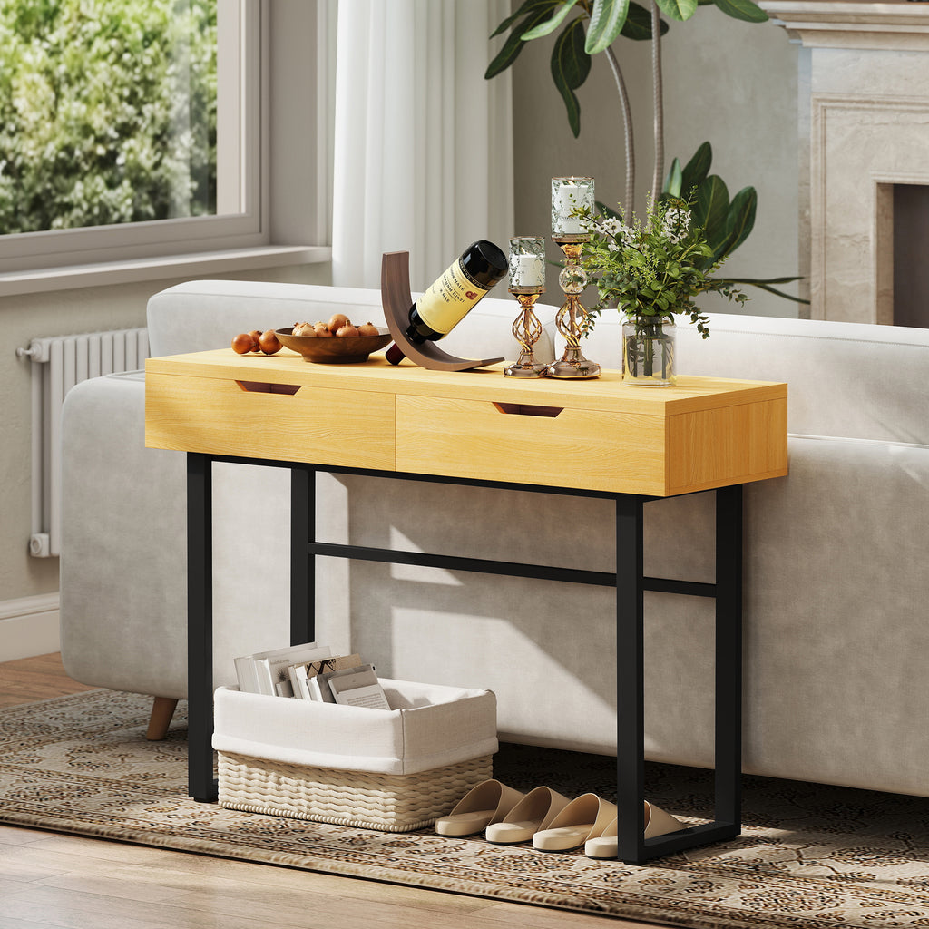 Console meuble 110 cm, table console étroite avec 2 tiroirs, cadre en métal et design sans poignées, bois naturel-7