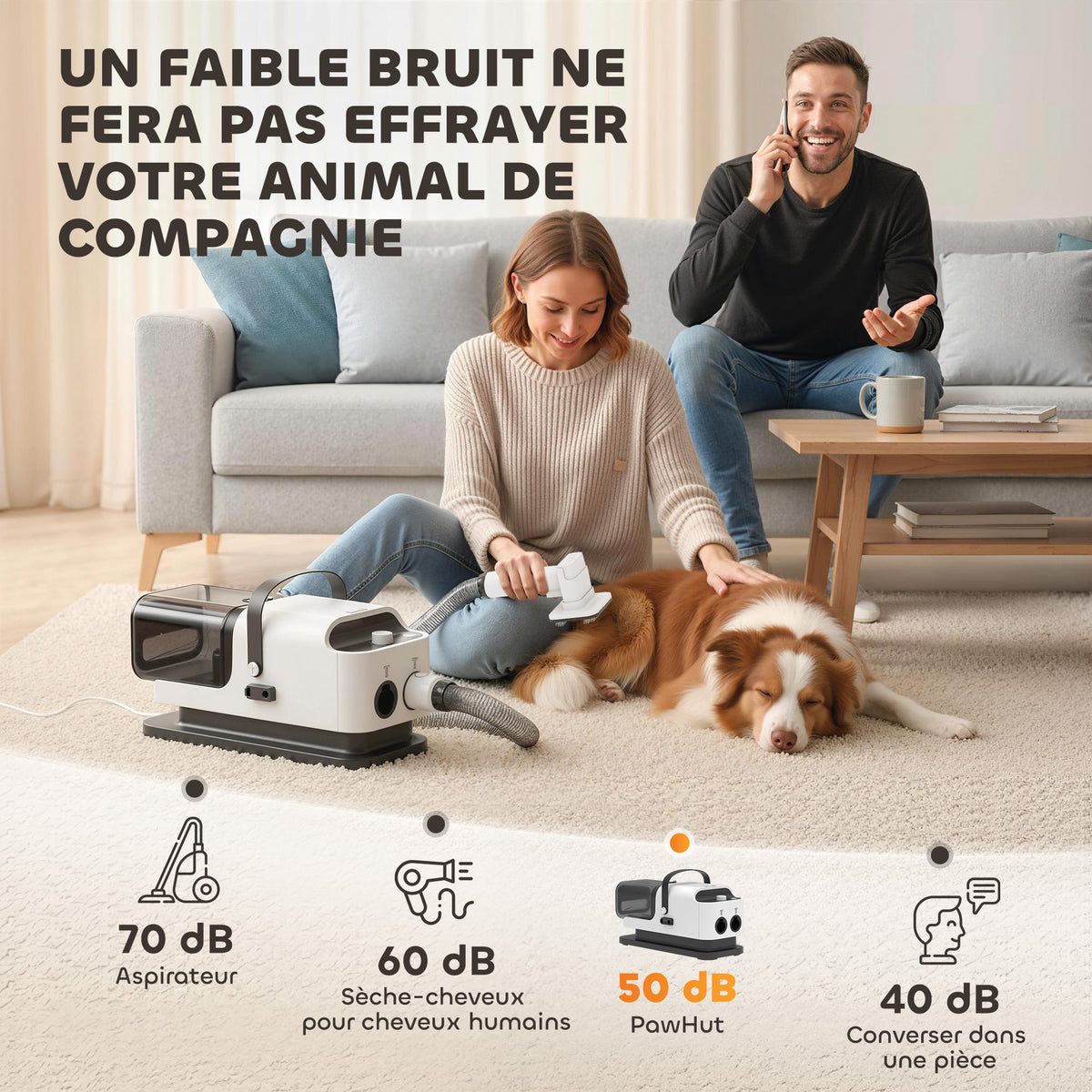 Aspirateur poil de chien et séchoir 5-en-1 kit toilettage chien professionnel 12kPa  50dB 37,6x17,5x18,5cm blanc-7