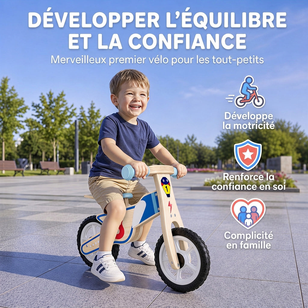 Draisienne Enfants Vélo Bébé sans Pédales avec Selle Réglable en PU, pour 3-5 Ans Jusqu'à 50 kg, Bois Naturel-3