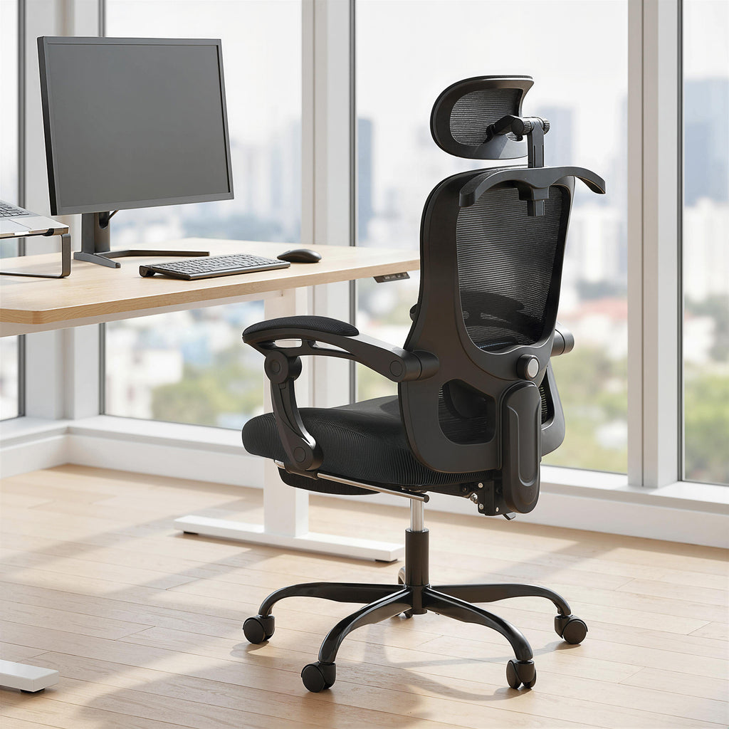 Chaise bureau ergonomique, fauteuil de bureau en maille avec appuie-tête réglable, support lombaire, 64x64x124cm, noir-1