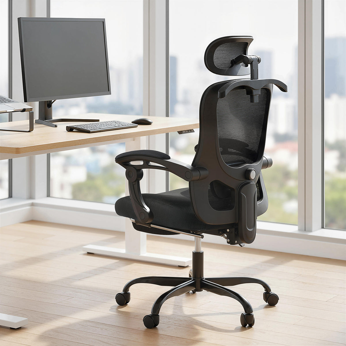 Chaise bureau ergonomique, fauteuil de bureau en maille avec appuie-tête réglable, support lombaire, 64x64x124cm, noir-1
