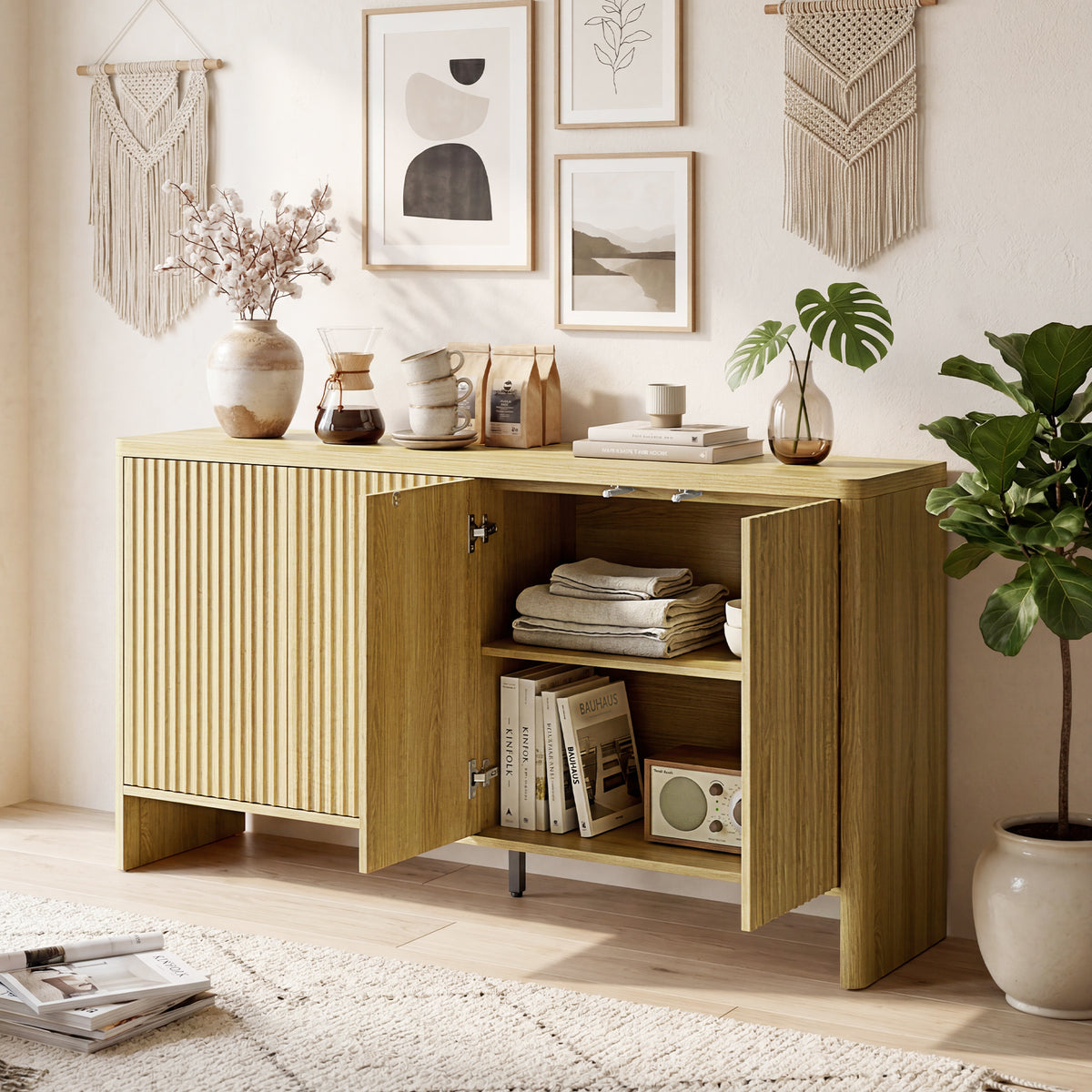 Buffet salon, meuble de rangement avec 4 portes rainurées, étagère réglable, ouverture par pression, 147x40x77cm, chêne-9