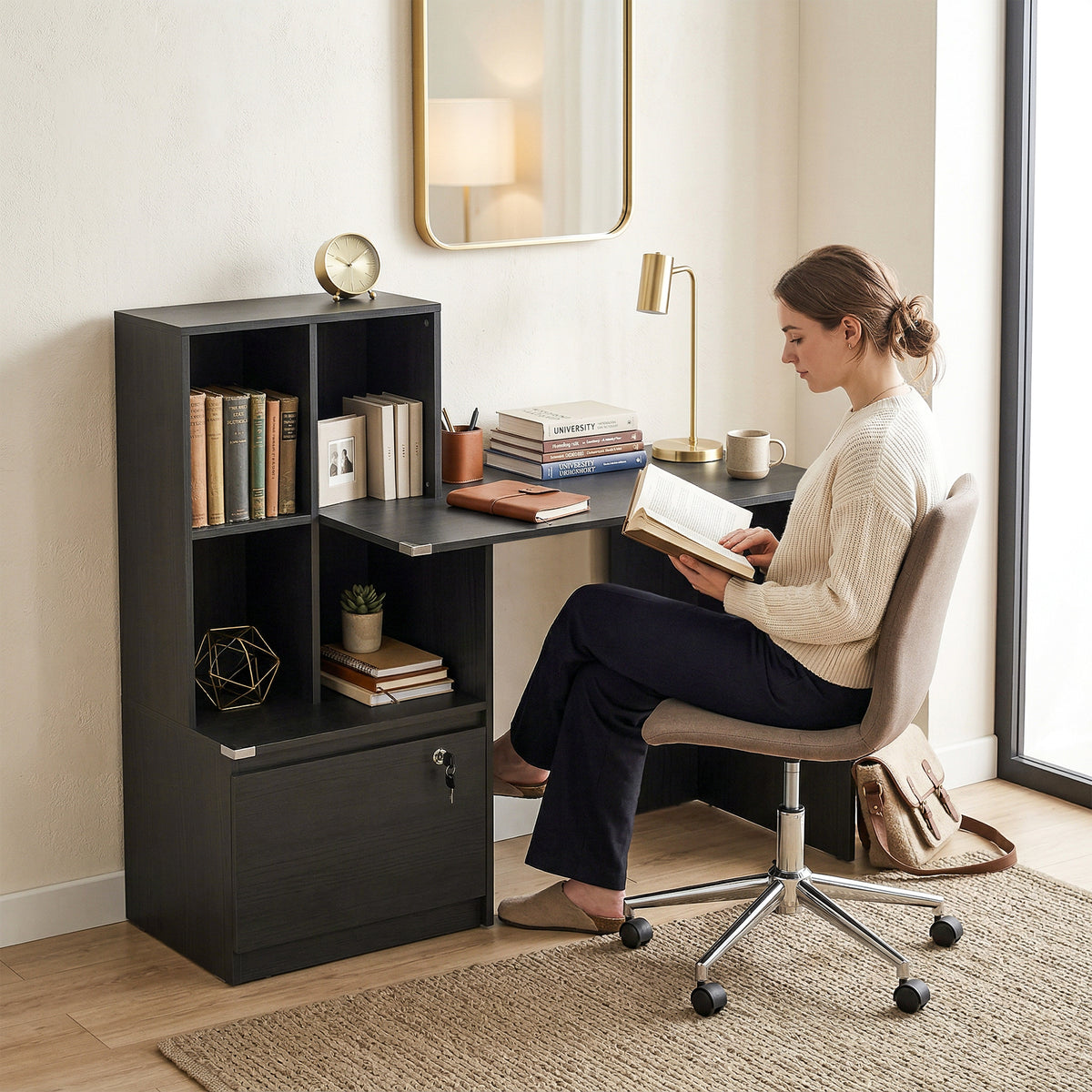 Bureau d'ordinateur avec bibliothèque 4 compartiments et tiroir verrouillable, 126 x 50 x 109 cm, noir-7
