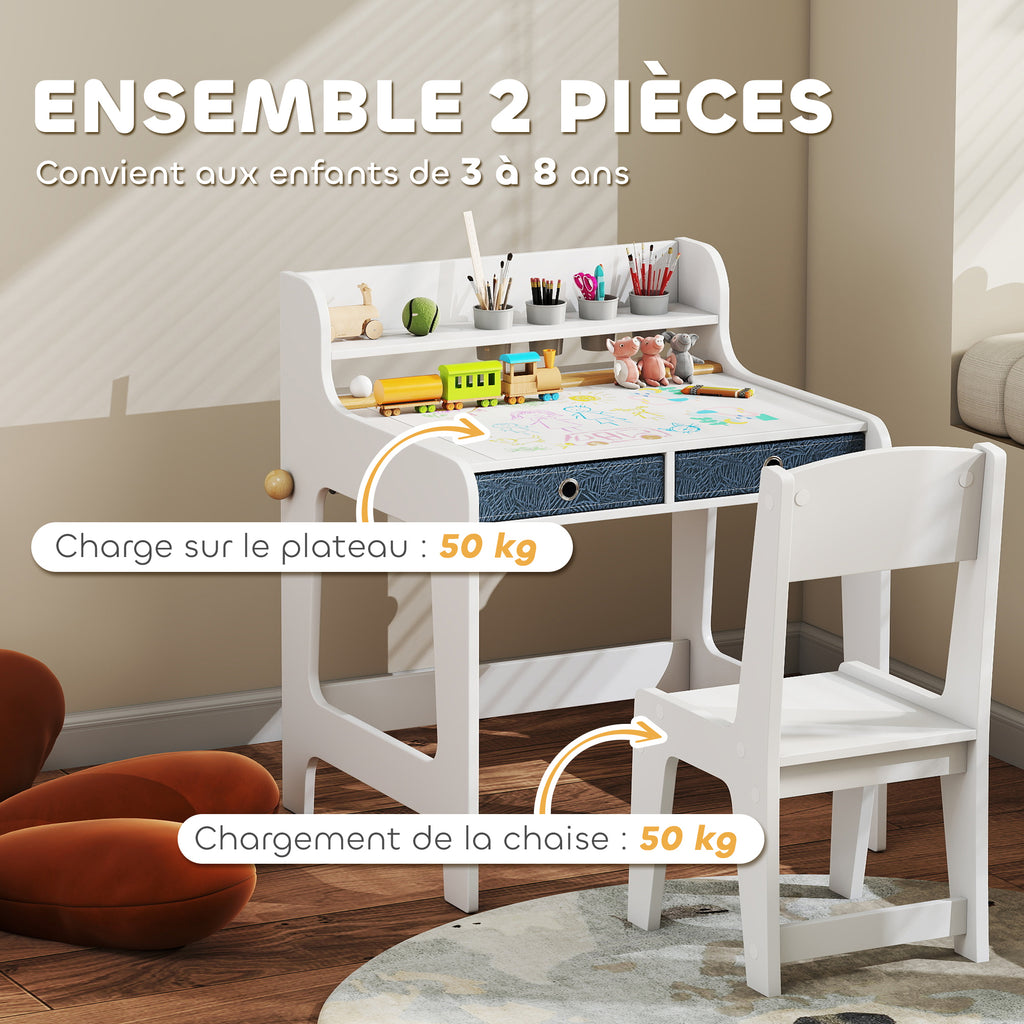 Bureau enfant avec chaise, table enfant et chaise avec 2 tiroirs en tissu et porte-gobelet, 62,8x55,6x73,8cm, blanc-5