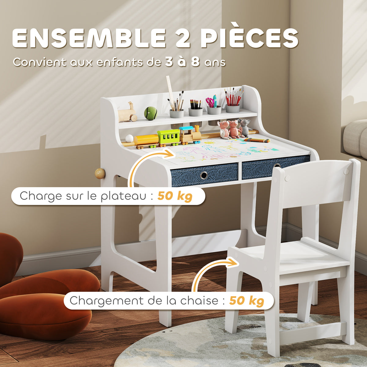 Bureau enfant avec chaise, table enfant et chaise avec 2 tiroirs en tissu et porte-gobelet, 62,8x55,6x73,8cm, blanc-5