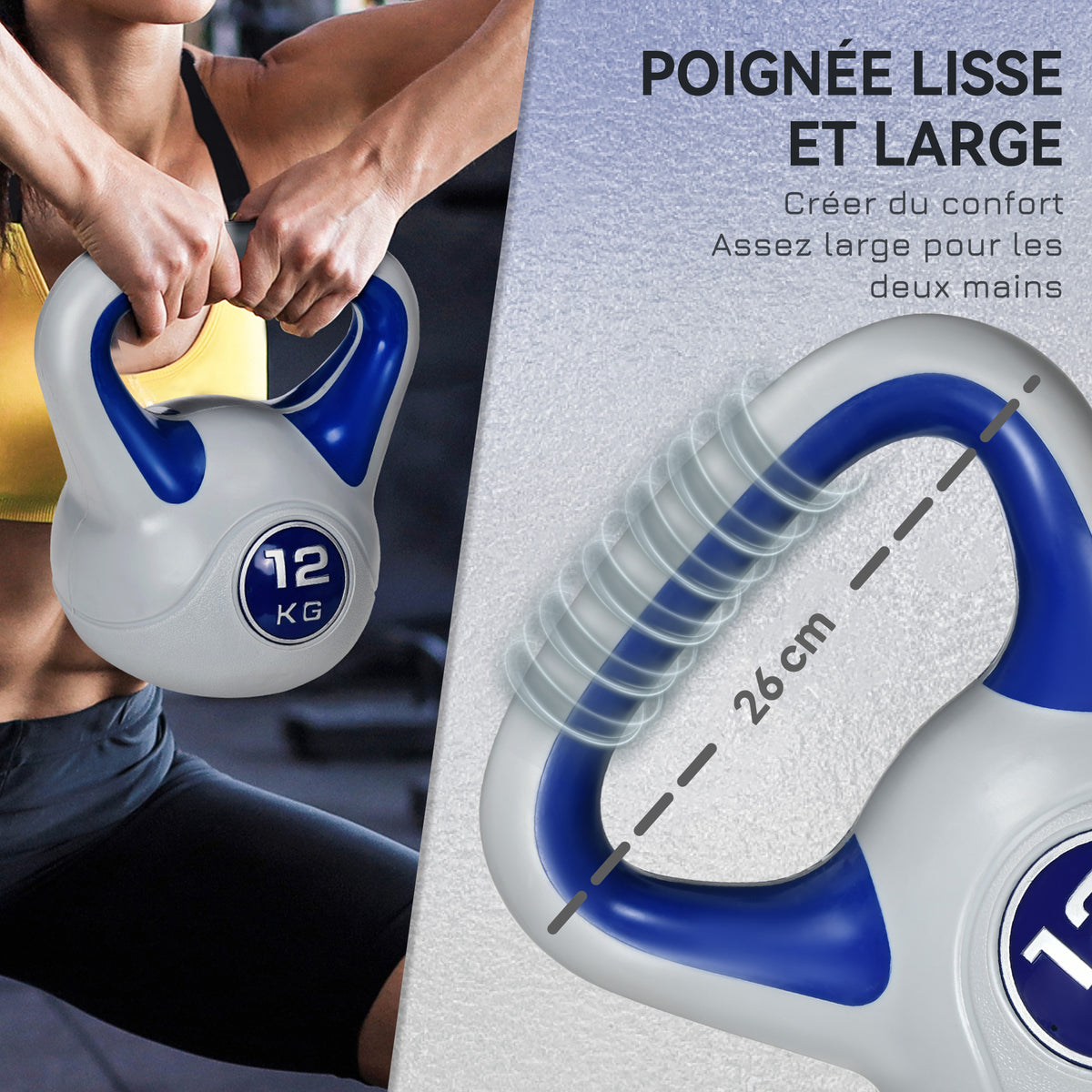 Kettlebell 12 kg, haltère avec poignée ergonomique, haltère à boule, musculation, entraînement, 26 x 17 x 29 cm, bleu-3