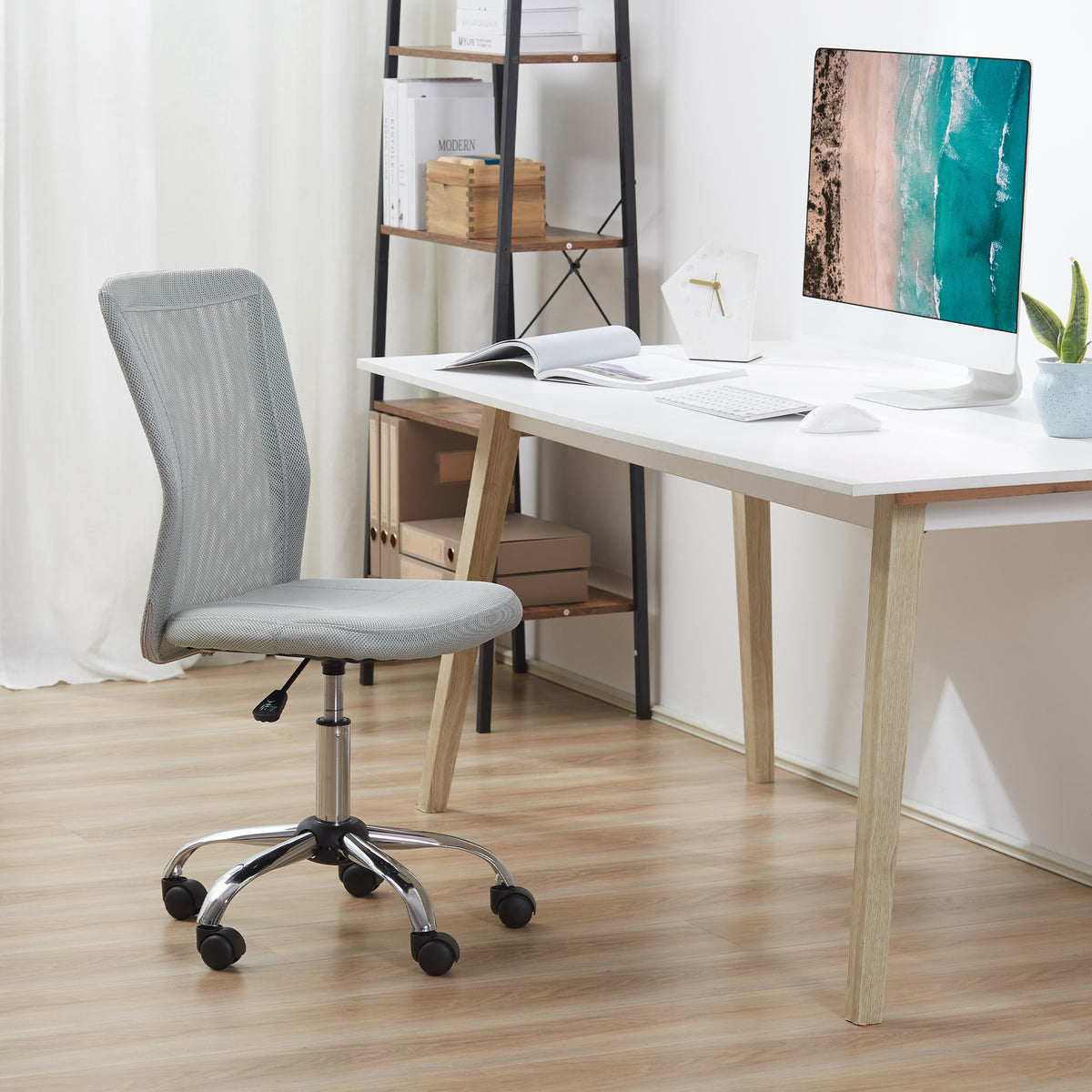 Lot 2 de chaises de bureau ergonomique hauteur réglable piètement chromé pivotant 360° revêtement maille gris-1