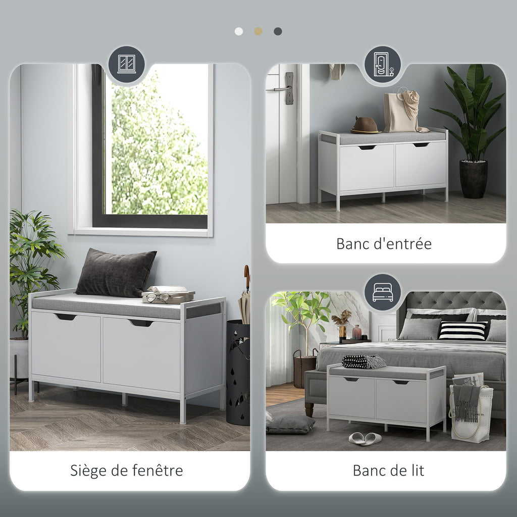 Banc meuble à chaussures, 2 placards, meuble d'entrée avec coussin rembourrée, 84l x 35P x 50H cm, blanc-6