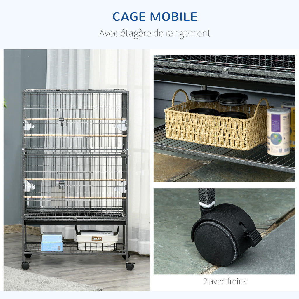 Cage à oiseaux sur pied volière oiseaux intérieur 4 perchoirs en bois et mangeoires fil d'acier gris foncé-4